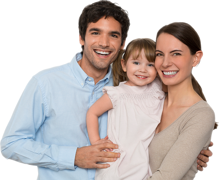 Husband, wife and young daughter smiling for camera.