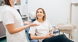 Patient and dentist talking during cosmetic dentistry consultation