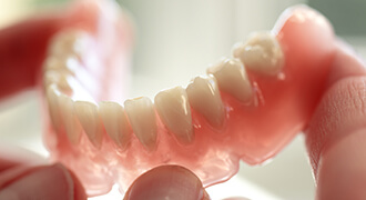 Person holding a removable denture